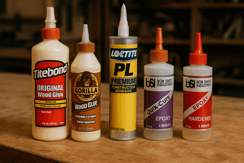 Assorted wood glue bottles, including PVA, epoxy, and polyurethane glues, on a carpenter’s bench