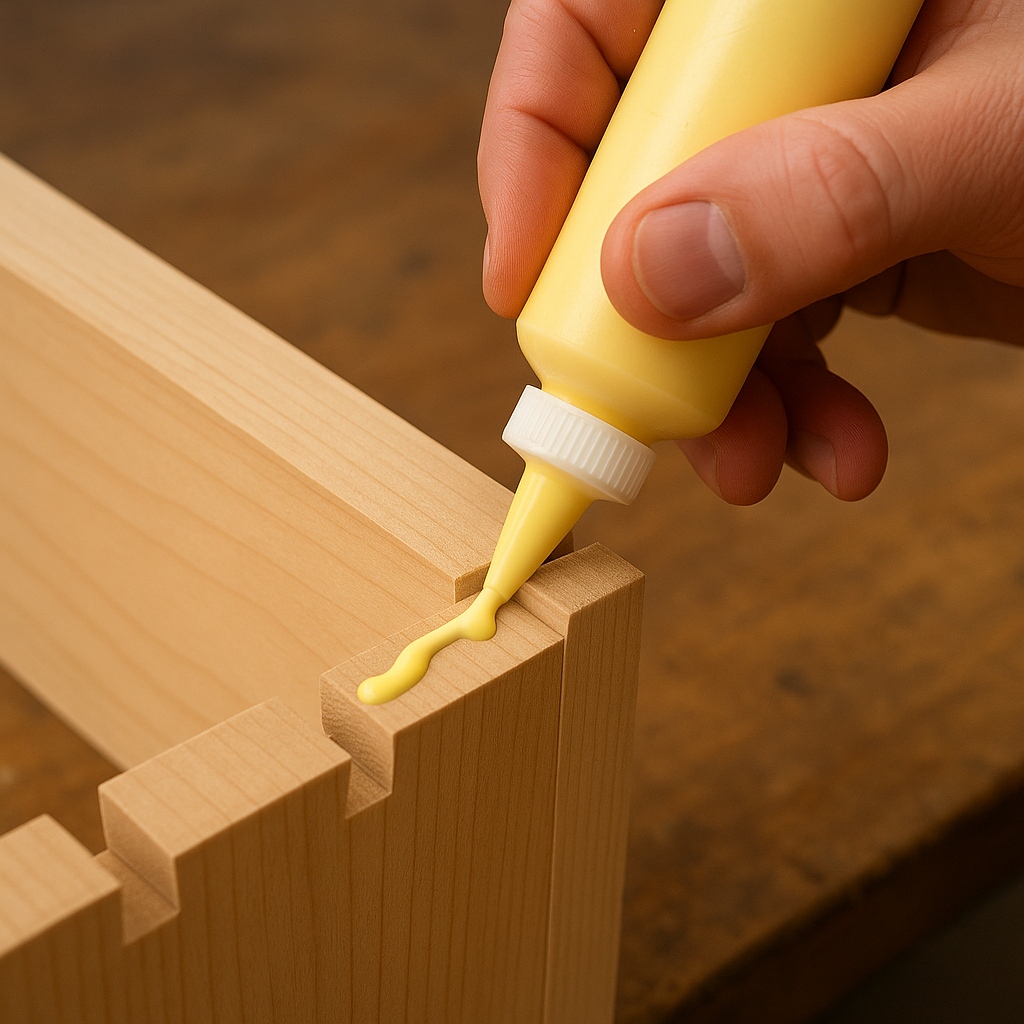 Woodworker applying yellow PVA glue to a dovetail joint with the squeeze bottle