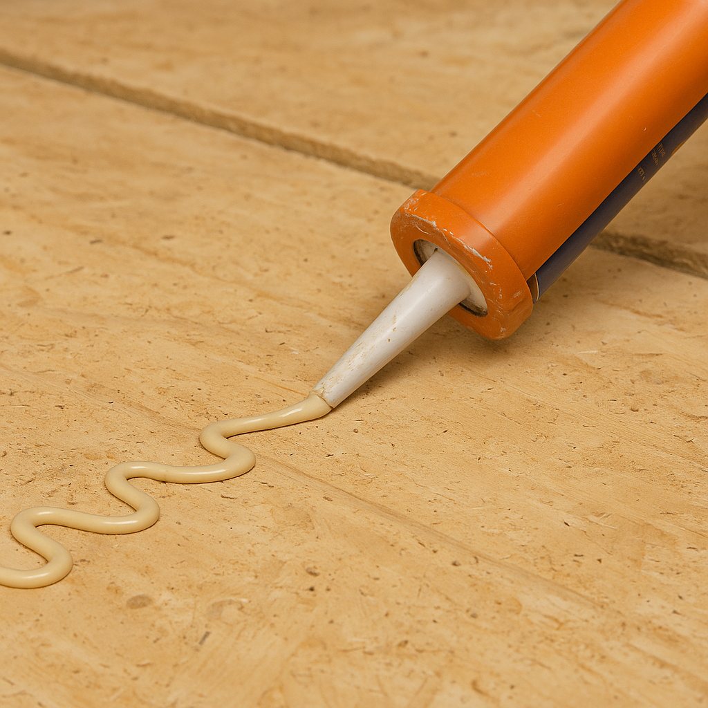 Caulk gun dispensing construction adhesive on plywood