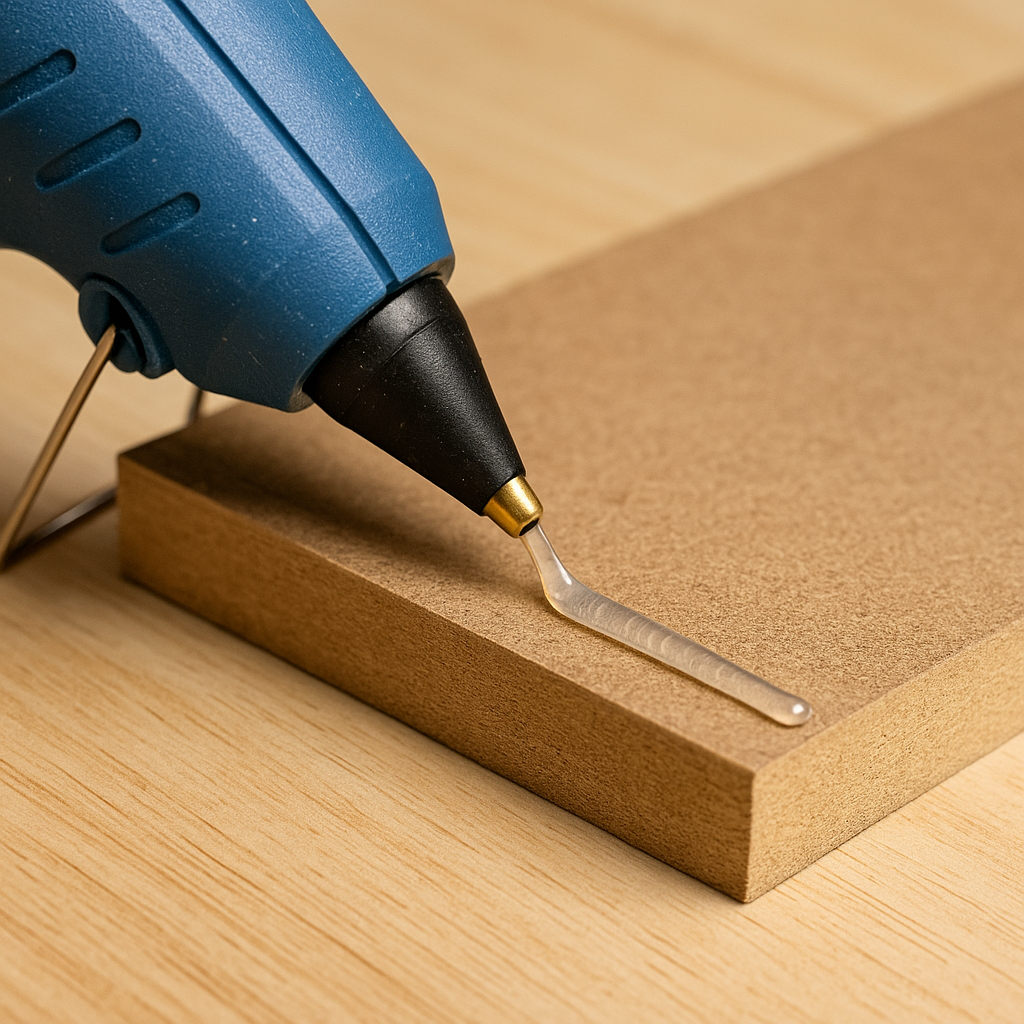 Hot melt glue gun dispensing clear adhesive on the wood edge