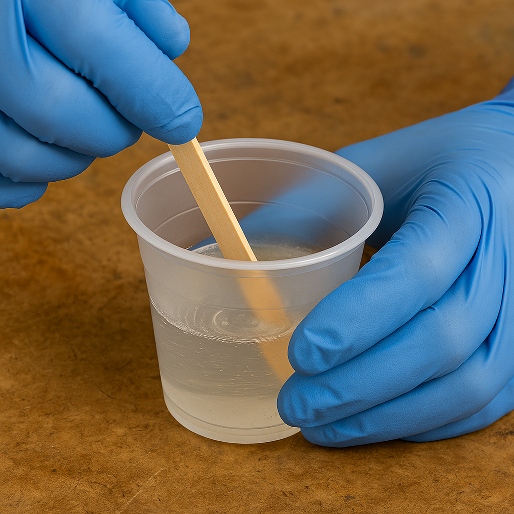 Gloved hands stirring epoxy resin with a wooden stick in a plastic cup