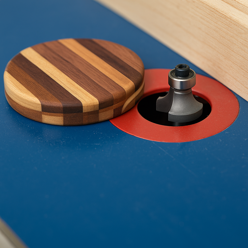 Shaping coaster edge with roundover router bit