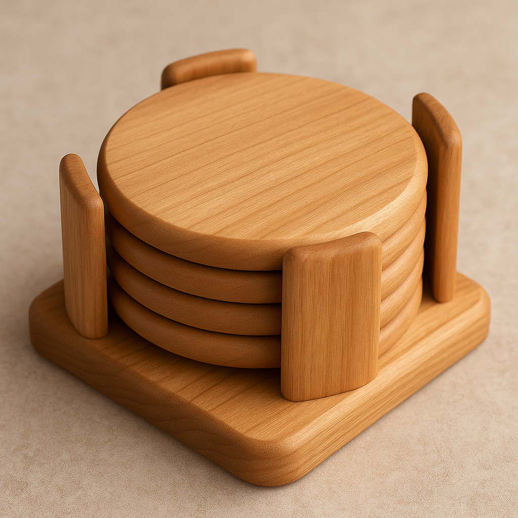 Finished wood coaster holder with 4 matching coasters inside
