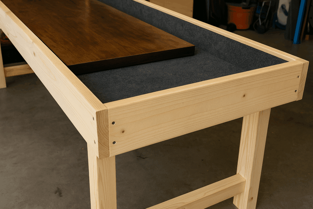 Wood frame of shuffleboard table lined with dark grey garage carpet
