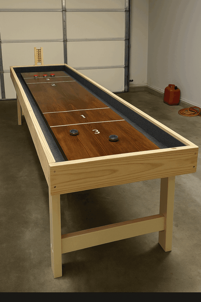 DIY shuffleboard table set up in a garage with pucks and scoreboar