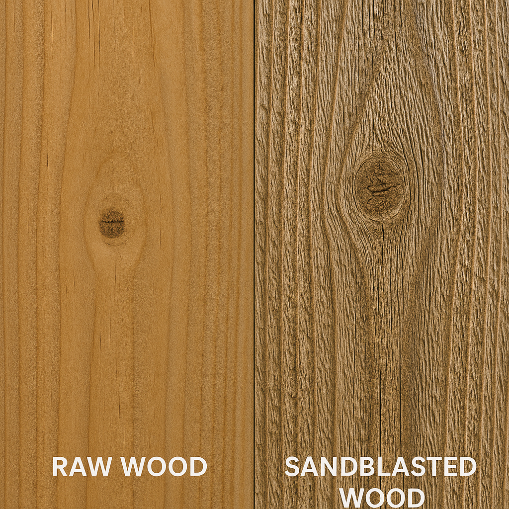 Side-by-side comparison of raw wood vs. sandblasted wood showing raised texture