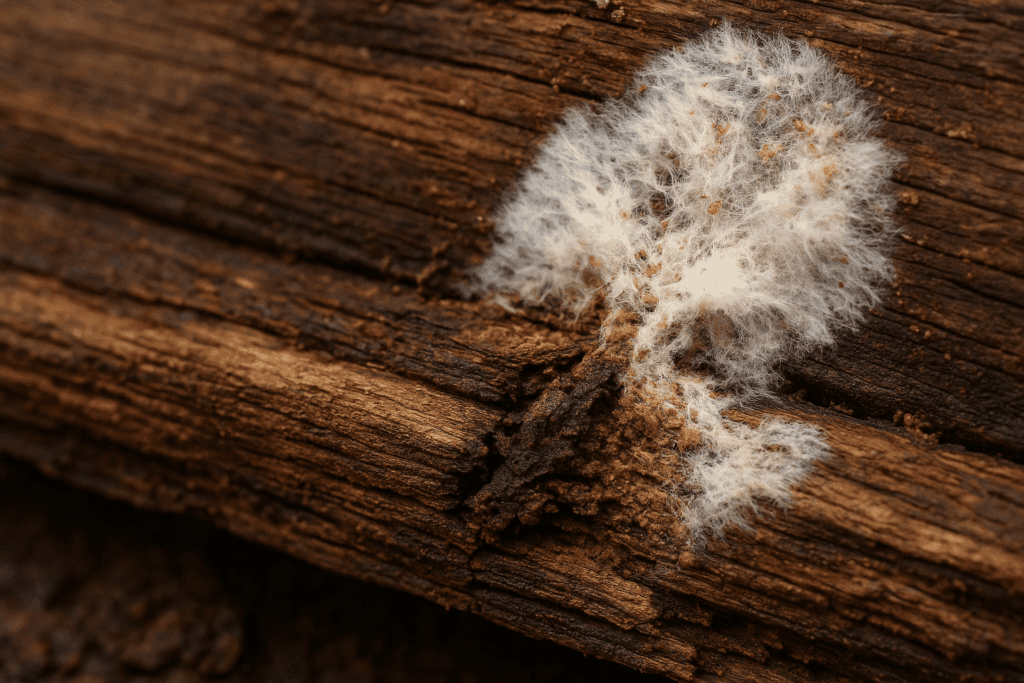 Close-up of wood rotting due to fungal growth and moisture exposure