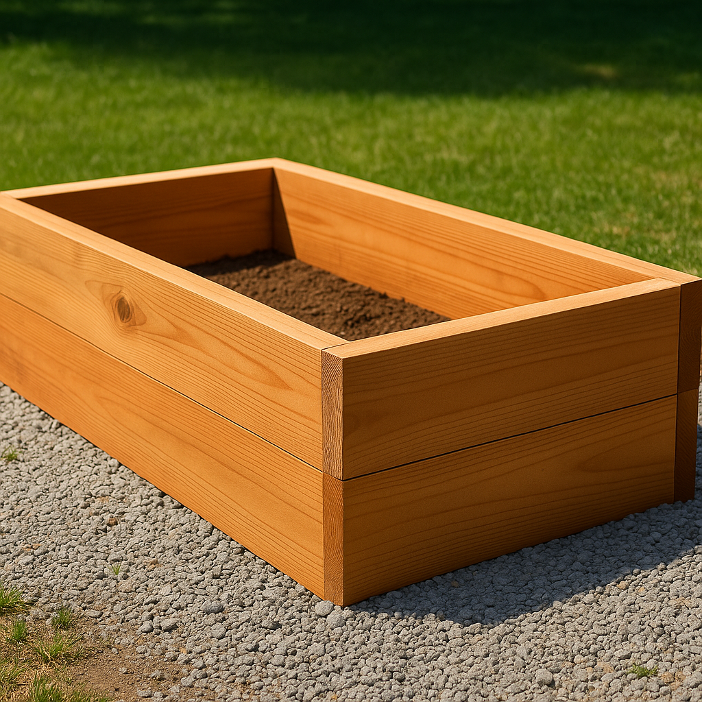 Raised cedar garden bed in full sun with gravel base