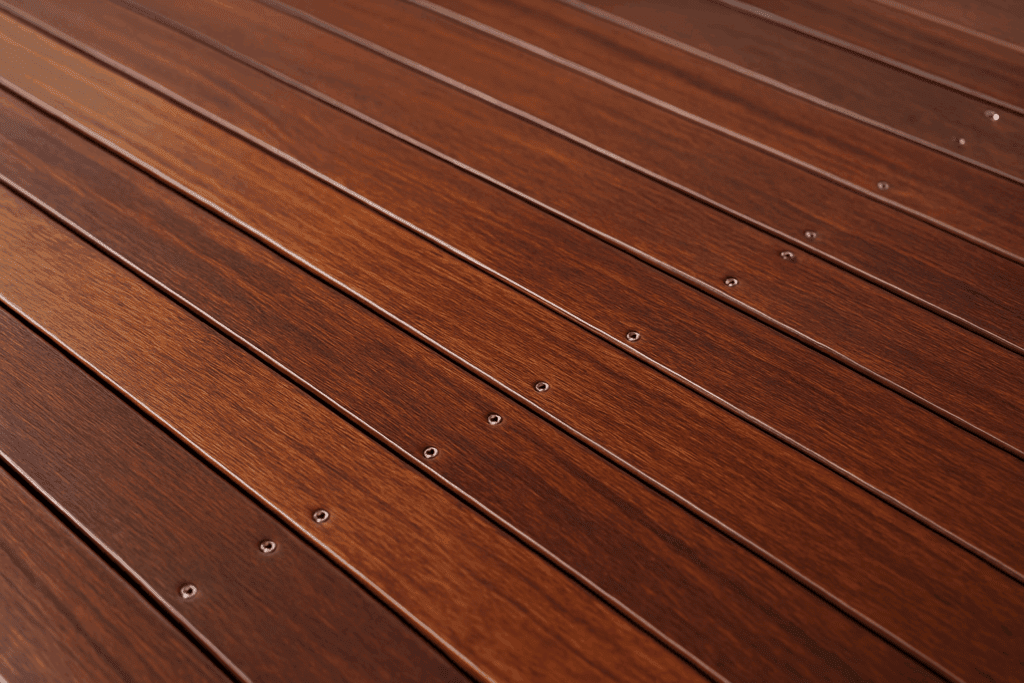  Ipe deck in sunlight with clean finish and stainless steel fasteners