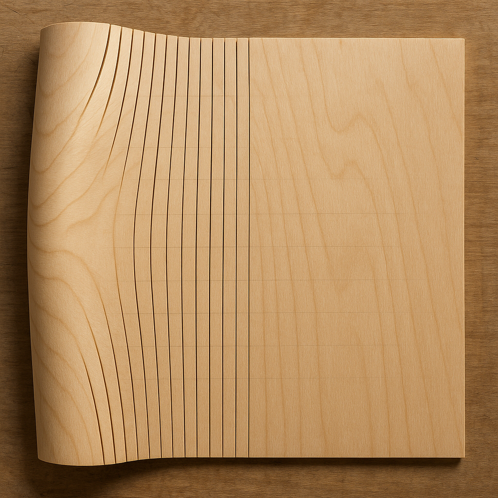 Backside of plywood with kerf cuts evenly spaced for bending