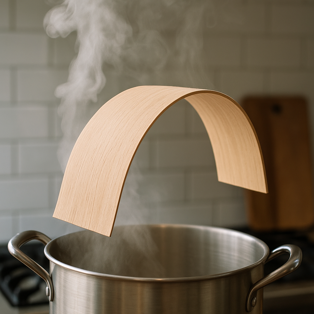 Thin plywood steaming over a pot before being bent into shape