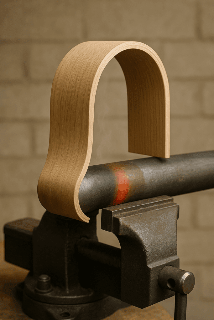 Heated pipe with plywood pressed and shaped using dry heat, generate image