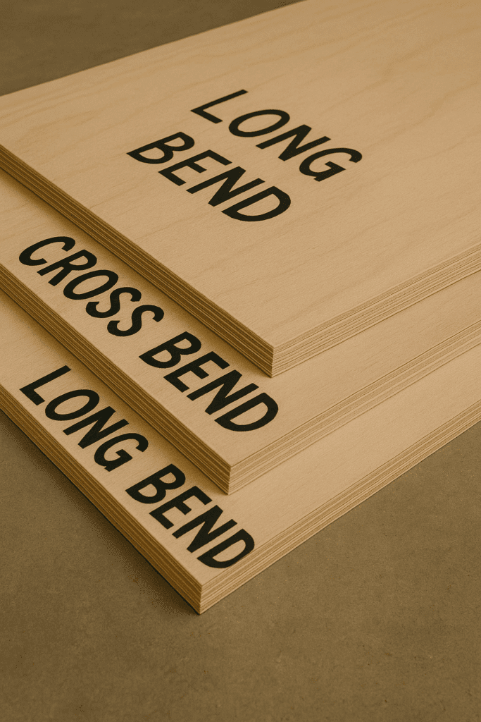 Plywood sheet stack labeled with bend directions and types