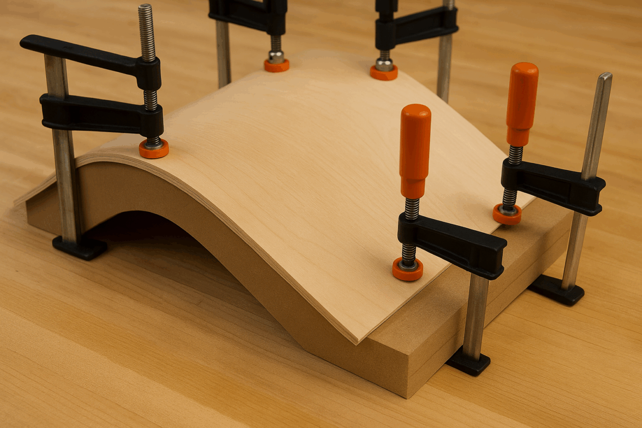 Thin plywood clamped over a curved MDF mold using woodworking clamps for bending