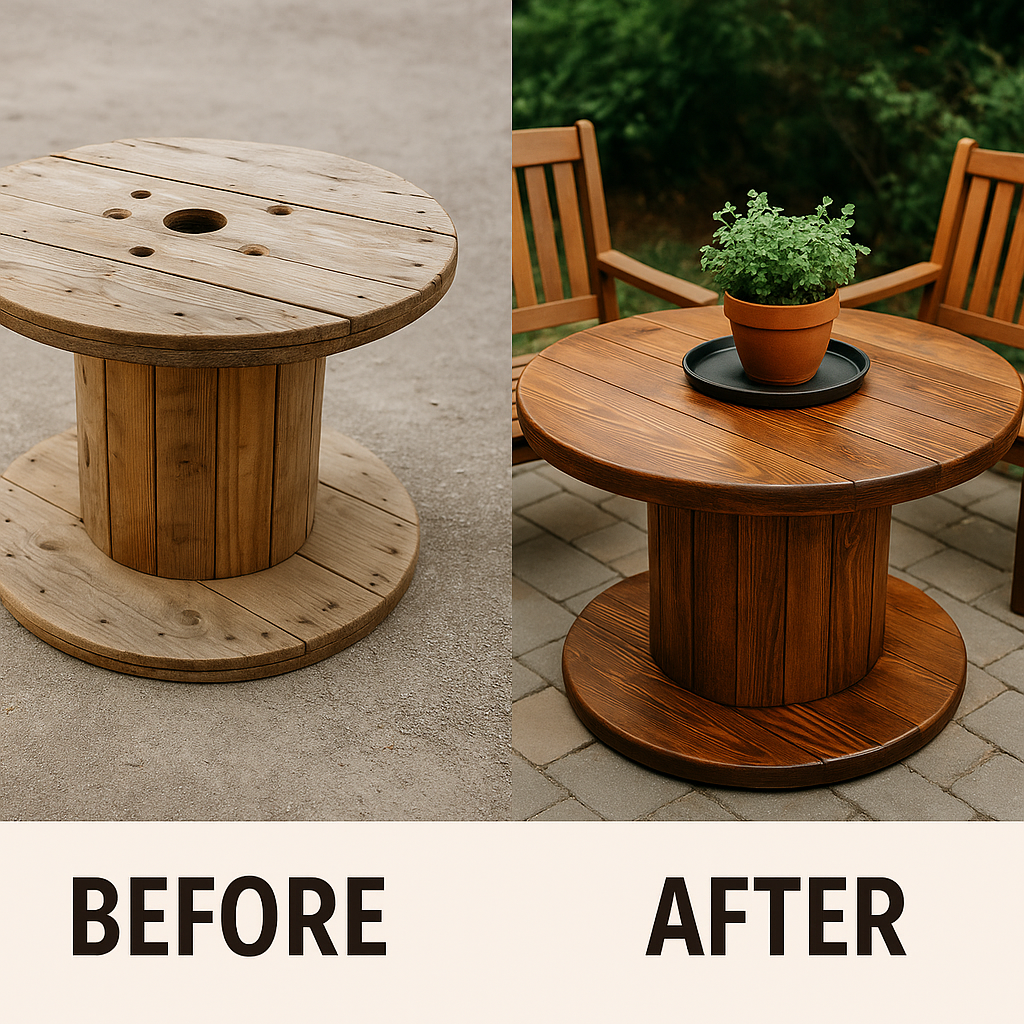 Side-by-side comparison of a raw wooden cable spool and a finished spool table with rich stain, set on a patio with chairs and a potted plant centerpiece.