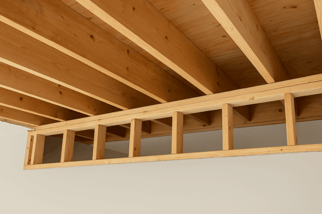 Open ceiling showing joists meeting a wall at 90 degrees