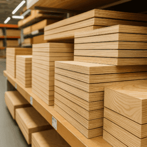 Stack of plywood sheets of varying thicknesses in a lumber store.