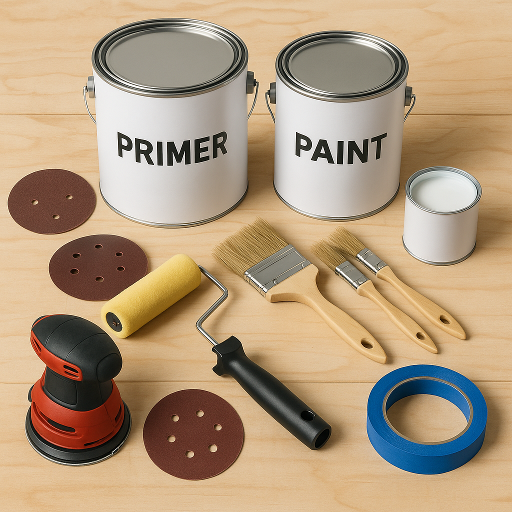 Supplies laid out for painting a plywood floor: primer, paint, brushes, roller, sanding tools.