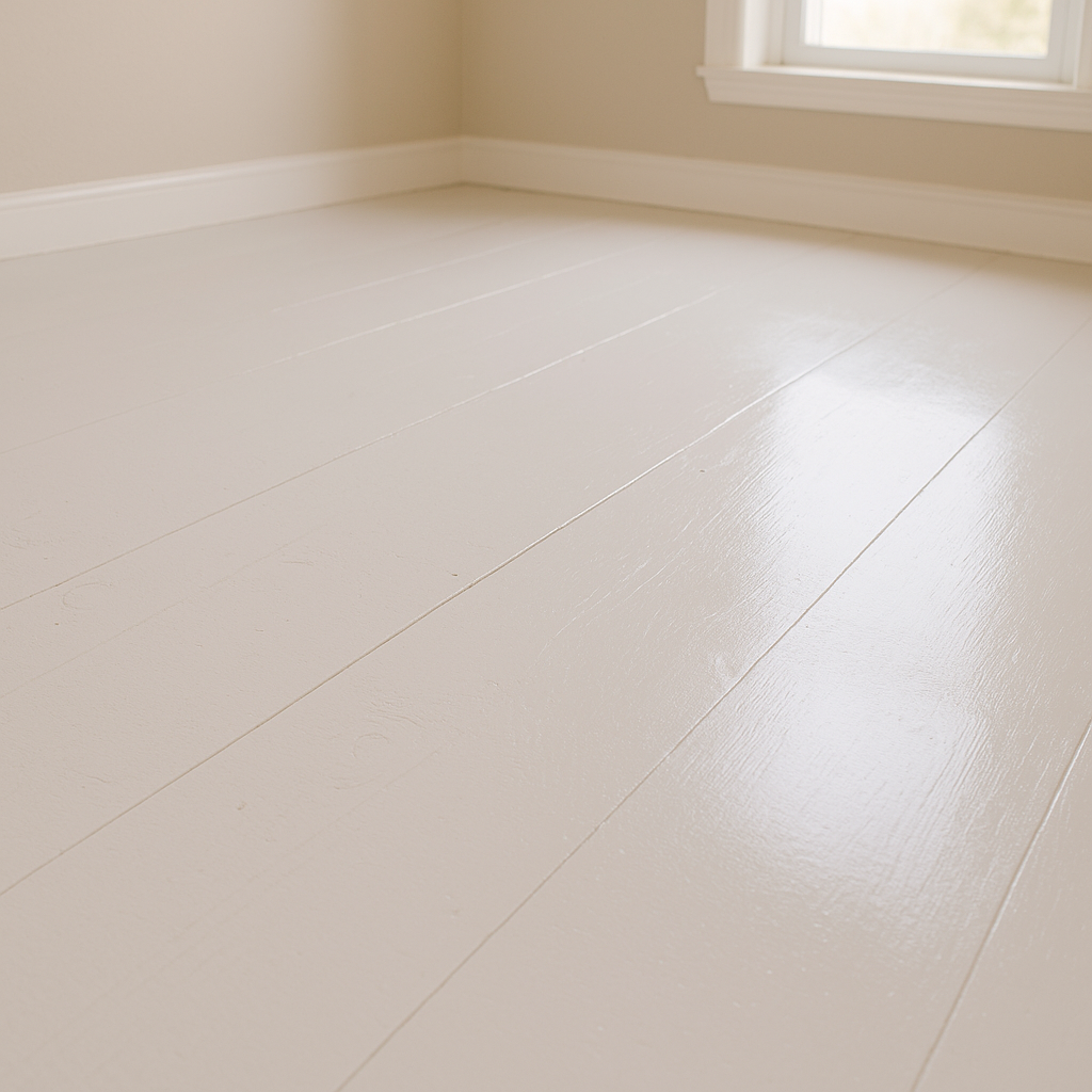 Finished plywood floor with a clean white paint and glossy sealant drying in daylight.