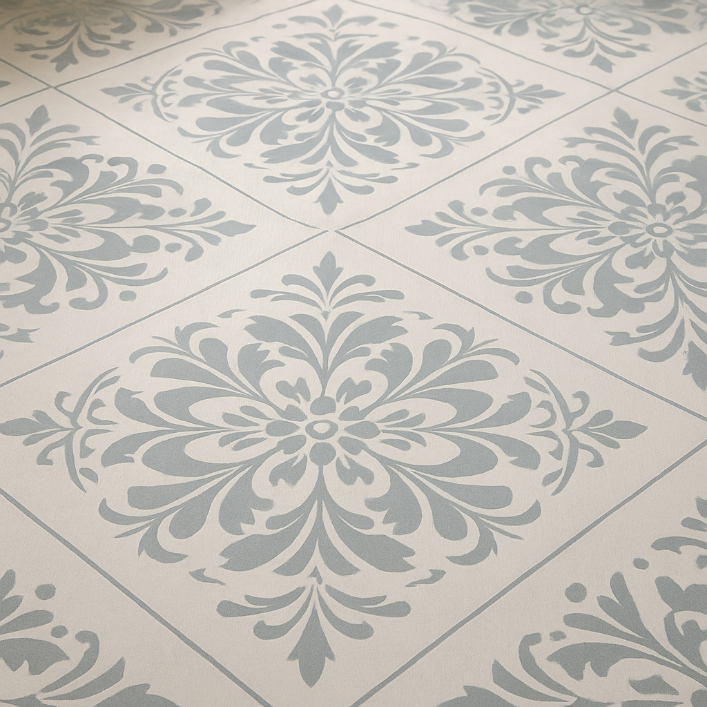 Stenciled painted plywood floor with floral medallion design in soft gray and white.