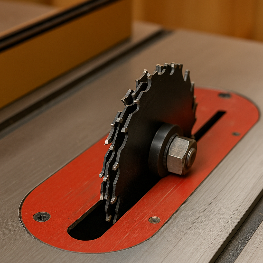 Close-up of a stacked dado blade installed on a table saw