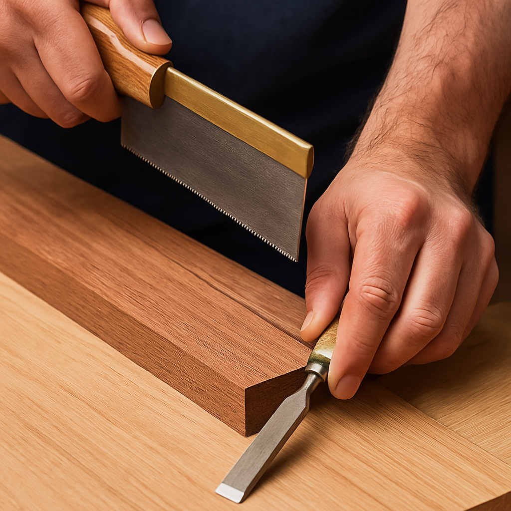 Woodworker cutting a groove into hardwood using a backsaw and chisel