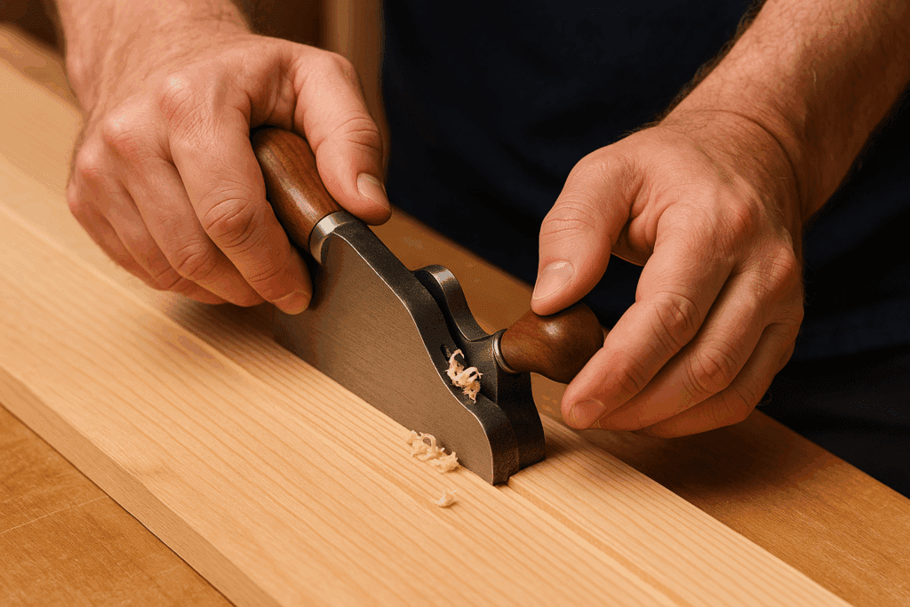 Hand planing the edge of a pine board with a shoulder plane, producing curled shavings