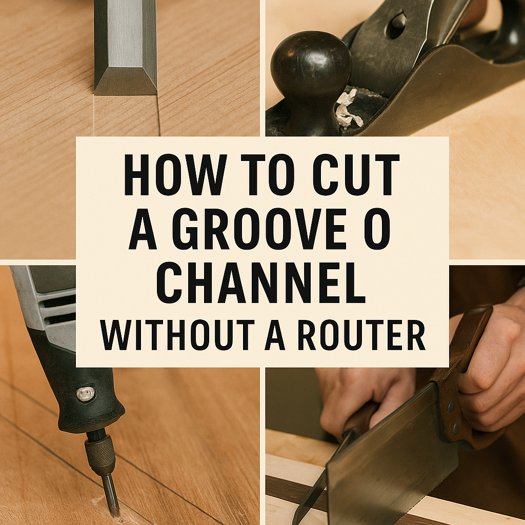Collage of woodworking tools—chisel, plane, Dremel, and handsaw—used to cut grooves in wood