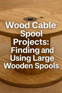 Repurposed wood cable spool with text overlay promoting DIY furniture ideas