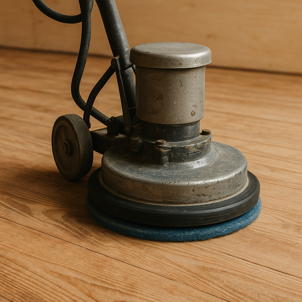 Orbital floor buffer polishing unfinished wood floor