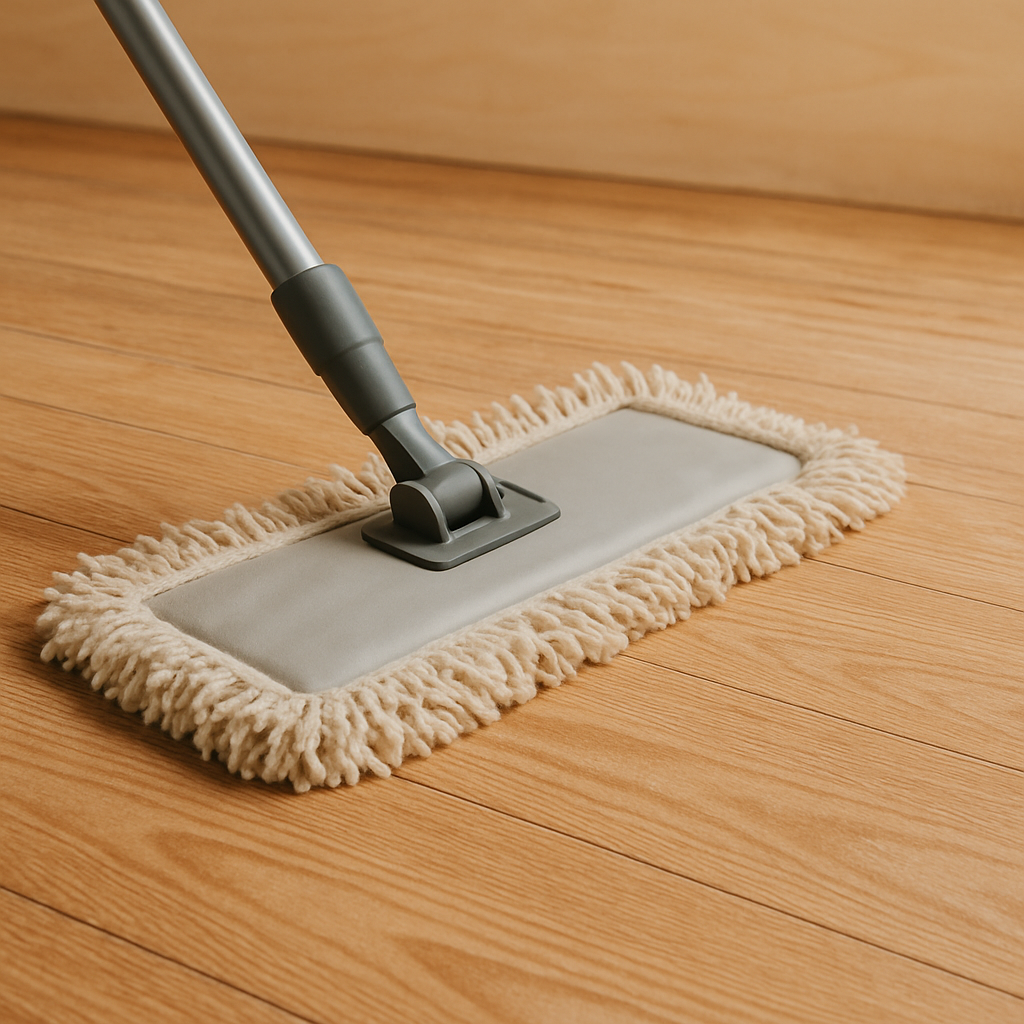 Dry microfiber mop gliding across unfinished wood floor