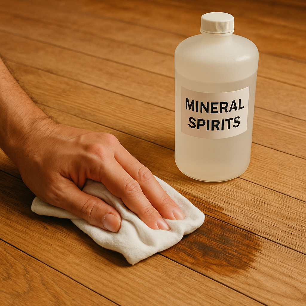 Applying mineral spirits to an old wood floor using a white cloth