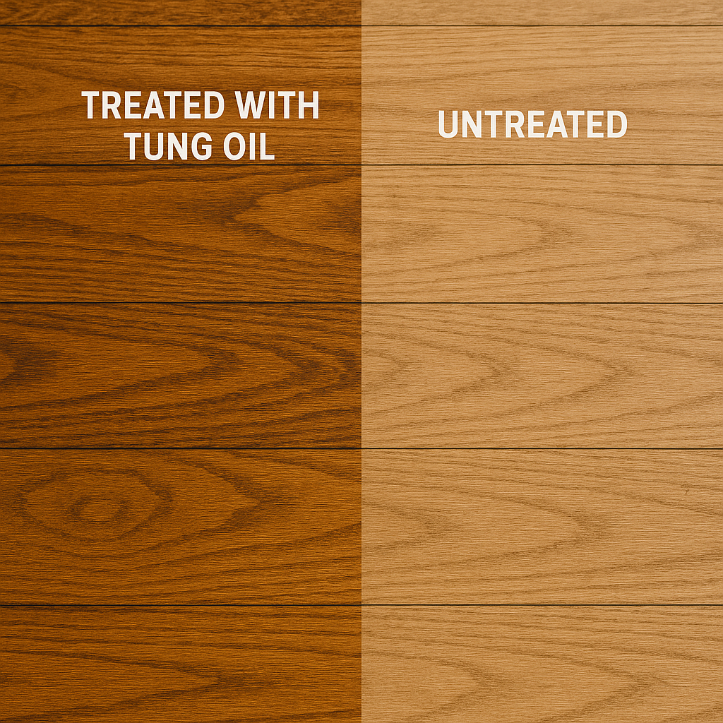 Floor treated with tung oil showing richer grain vs. untreated area