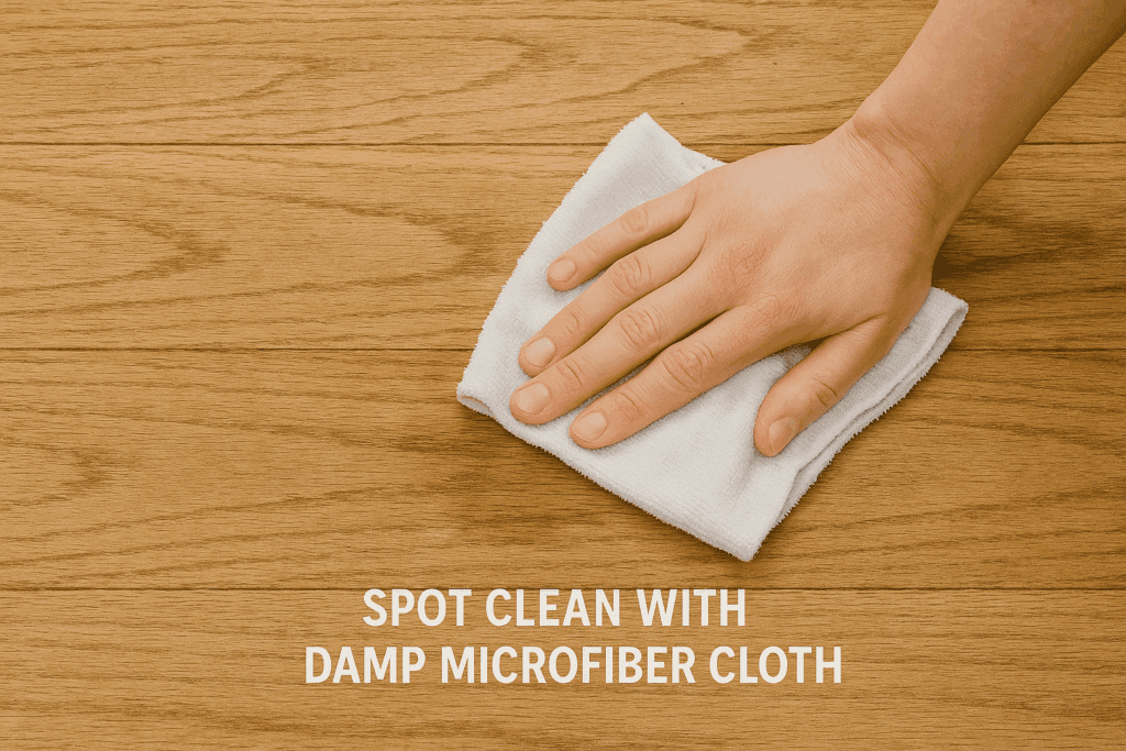 Spot cleaning old unfinished wood floor with a damp microfiber cloth
