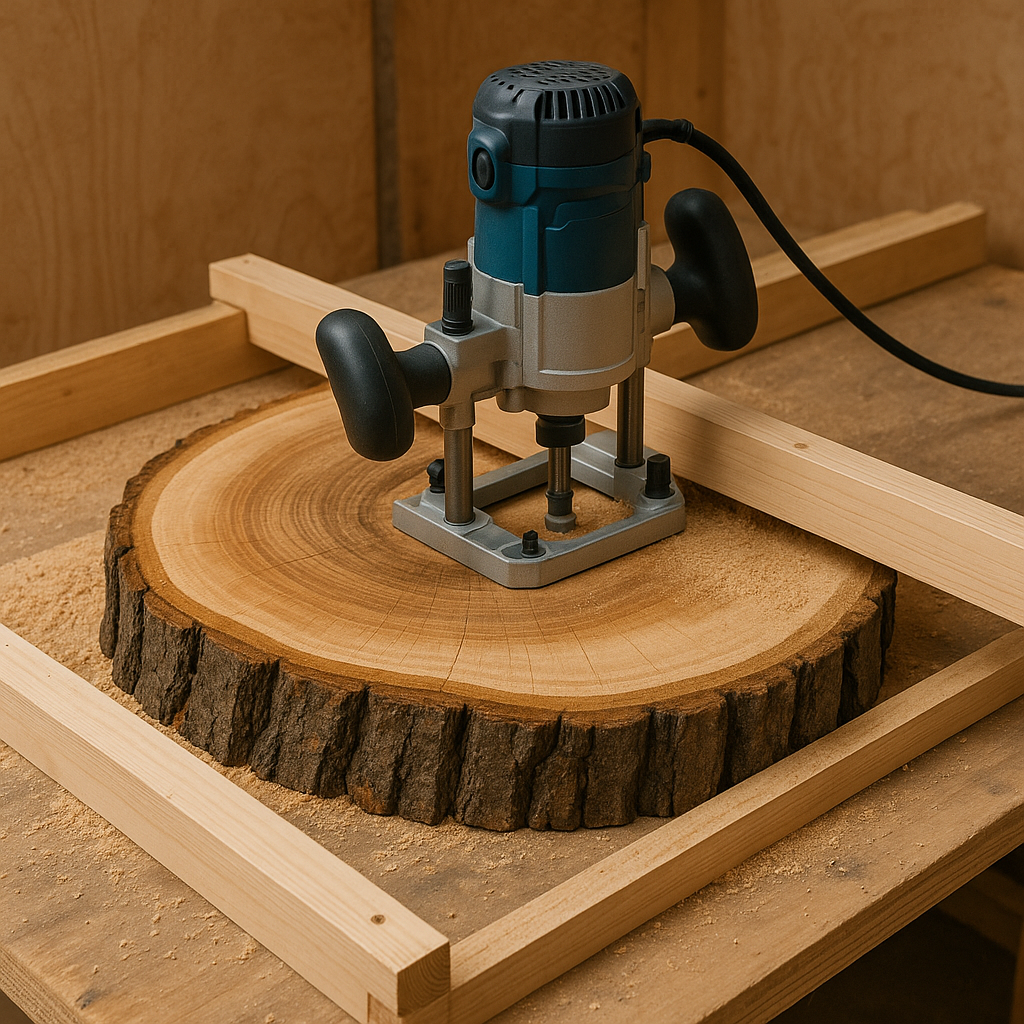 DIY router sled setup for leveling a tree slice table