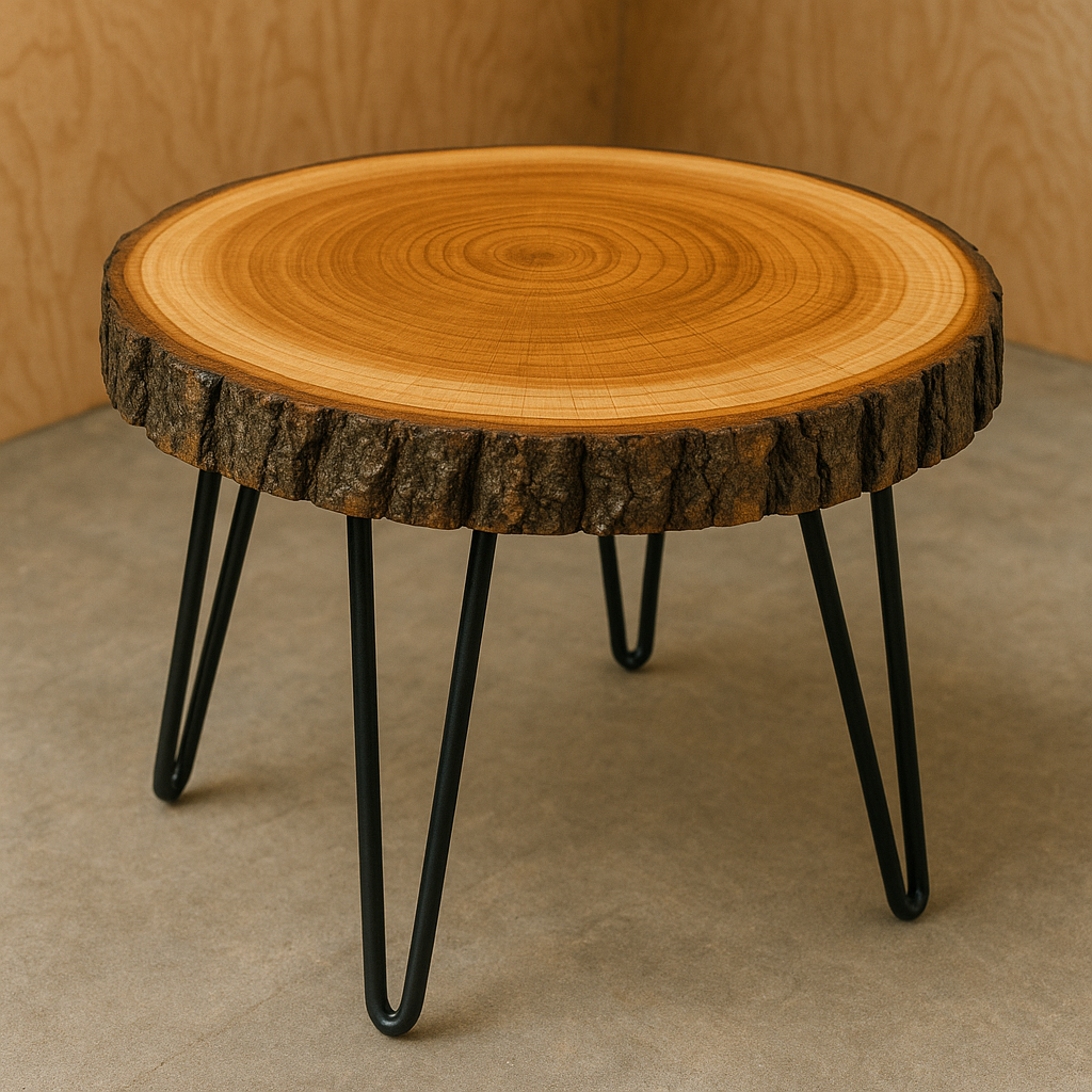 Hairpin legs mounted on a wood slice