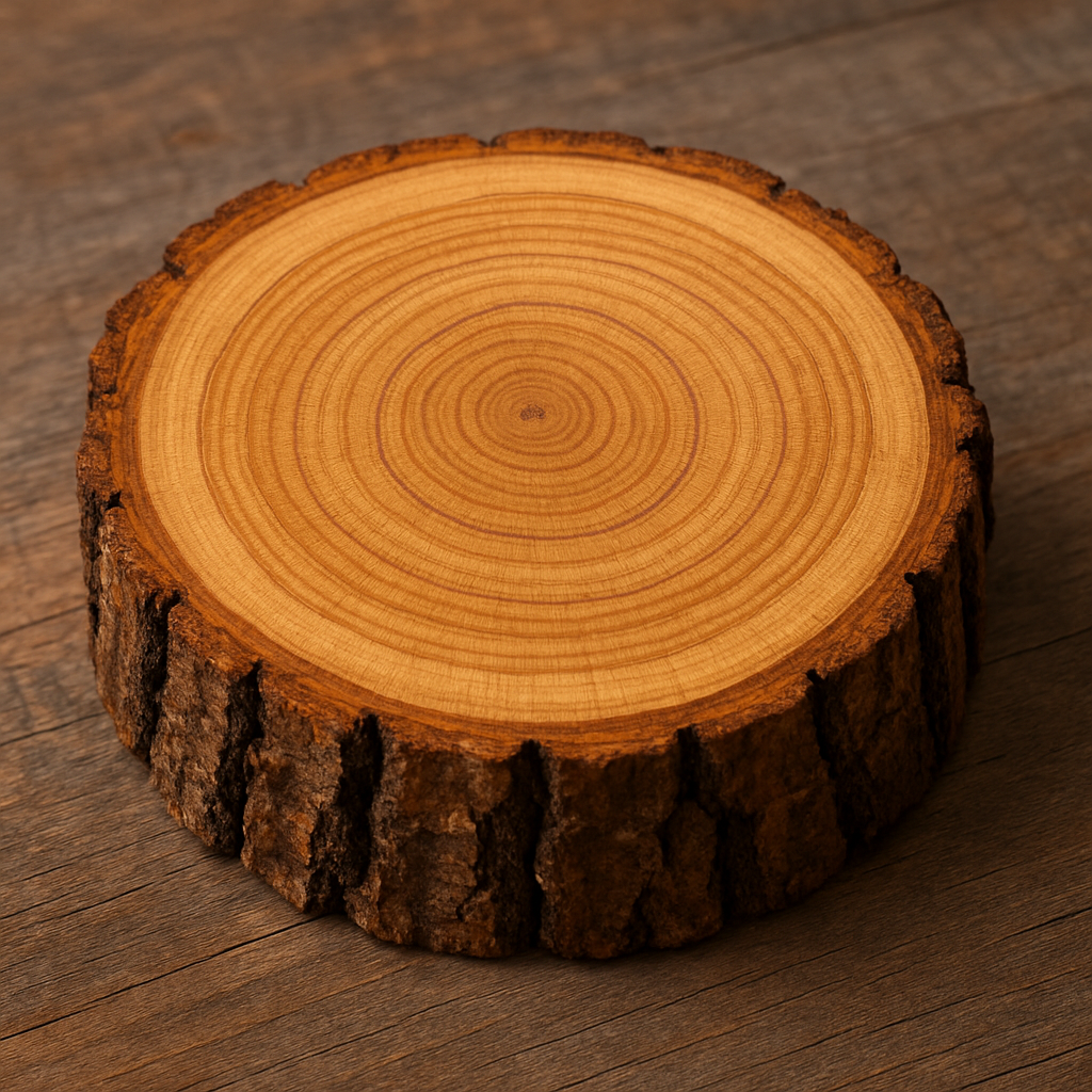 Tree slice with visible rings and bark edge – "Natural wood slice showing growth rings for rustic tabletops"