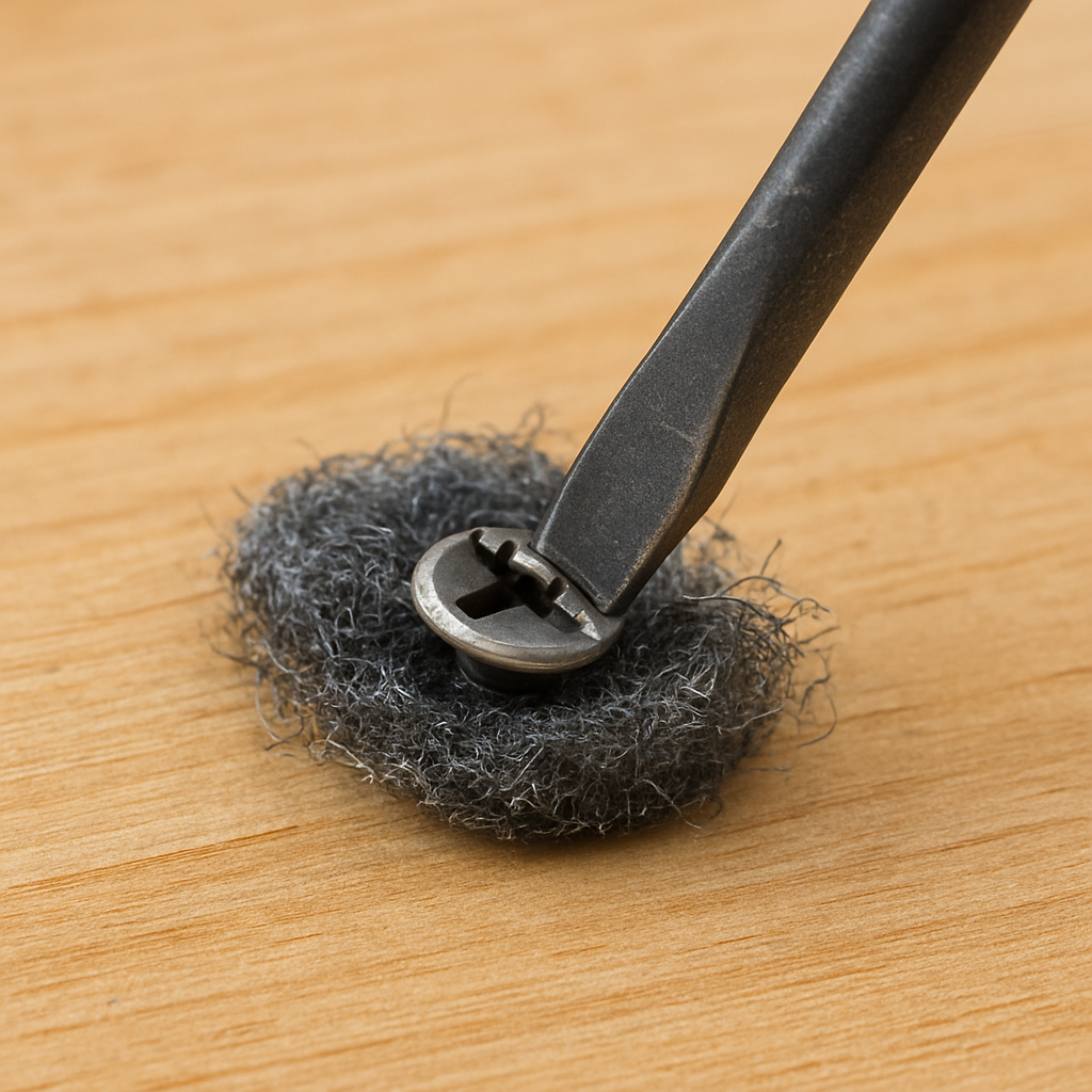 Steel wool under screwdriver on a damaged screw