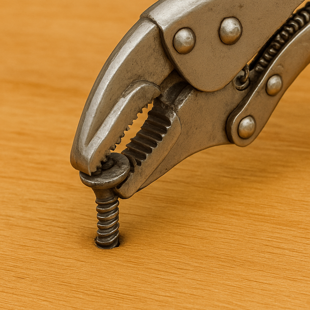 Locking pliers clamped around stripped screw sticking out of wood