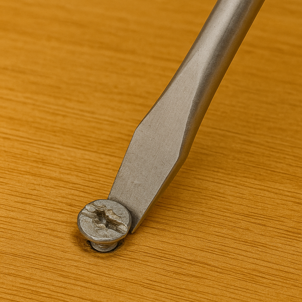 Flathead screwdriver twisting partially stripped screw from wood