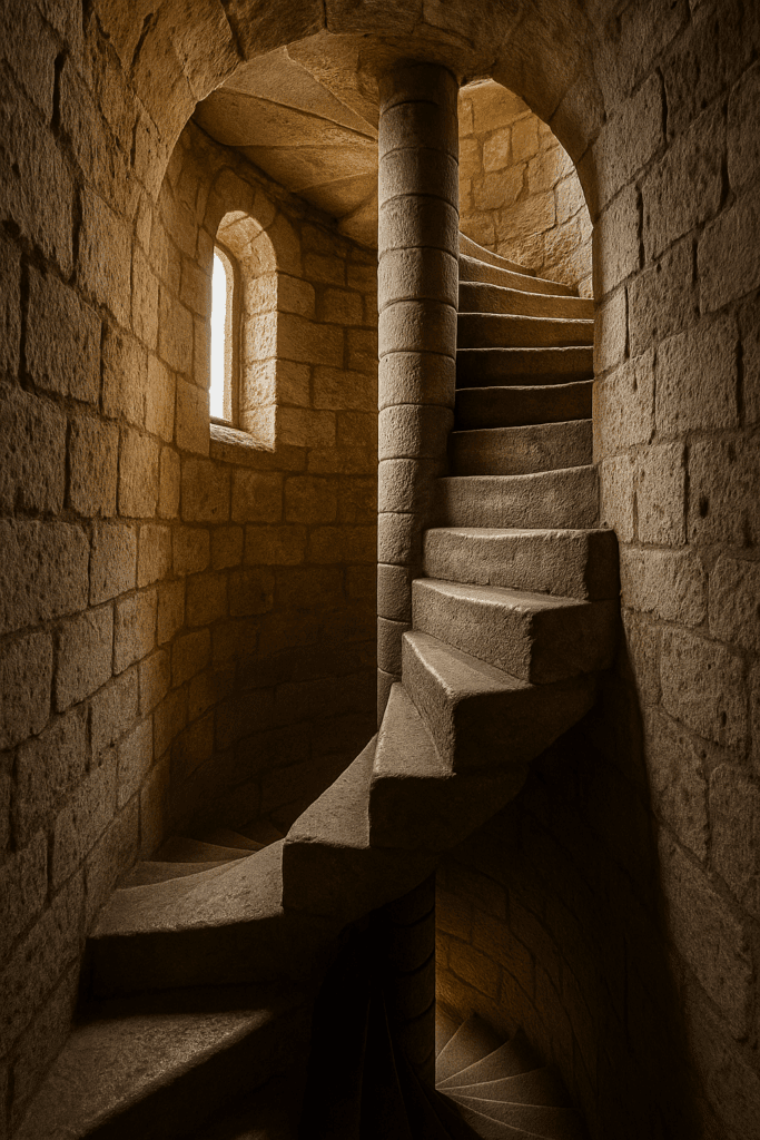 Narrow stone spiral staircase winding up a castle turret