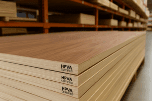 Stacked sheets of HPVA-certified hardwood plywood in a lumber store