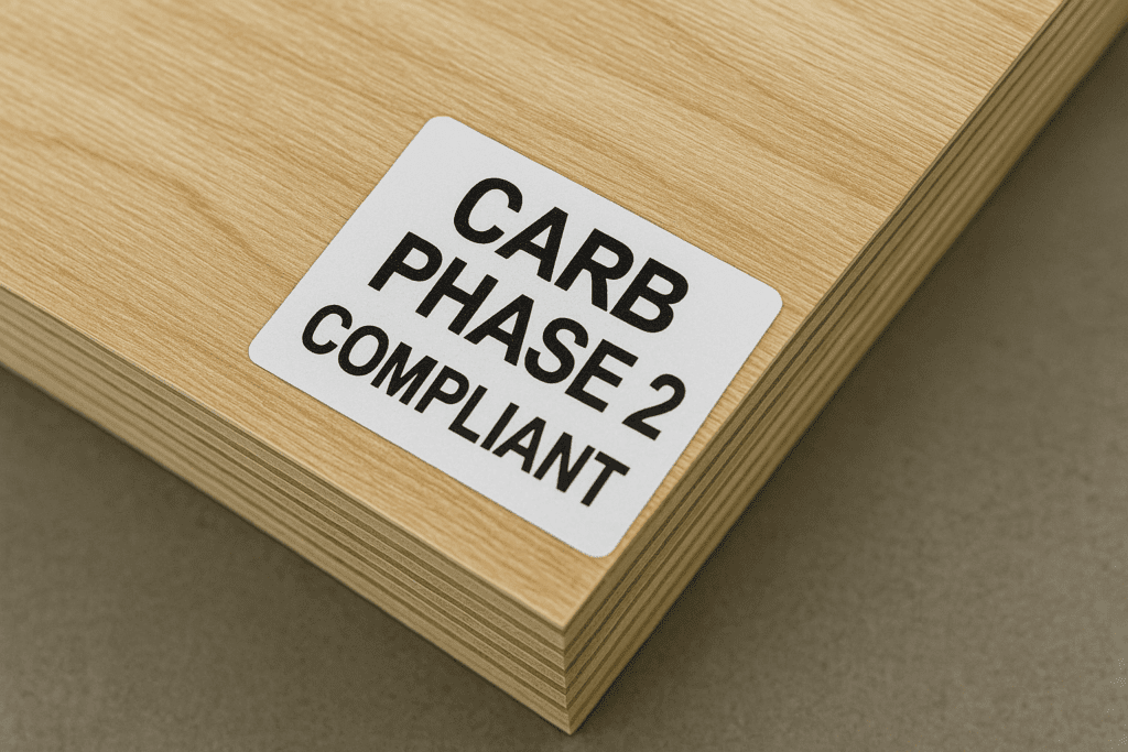 Label showing CARB Phase 2 compliance on plywood panel