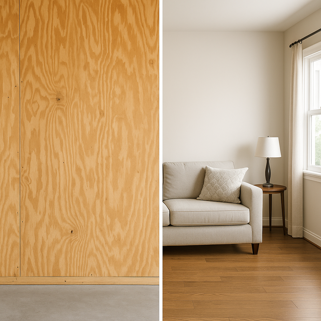 Side-by-side comparison of a plywood wall and a finished drywall interior
