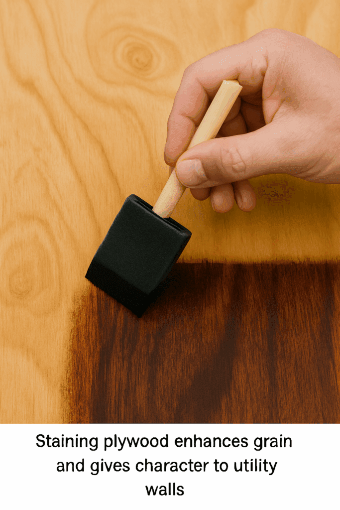 Wood stain being applied to plywood with foam brush