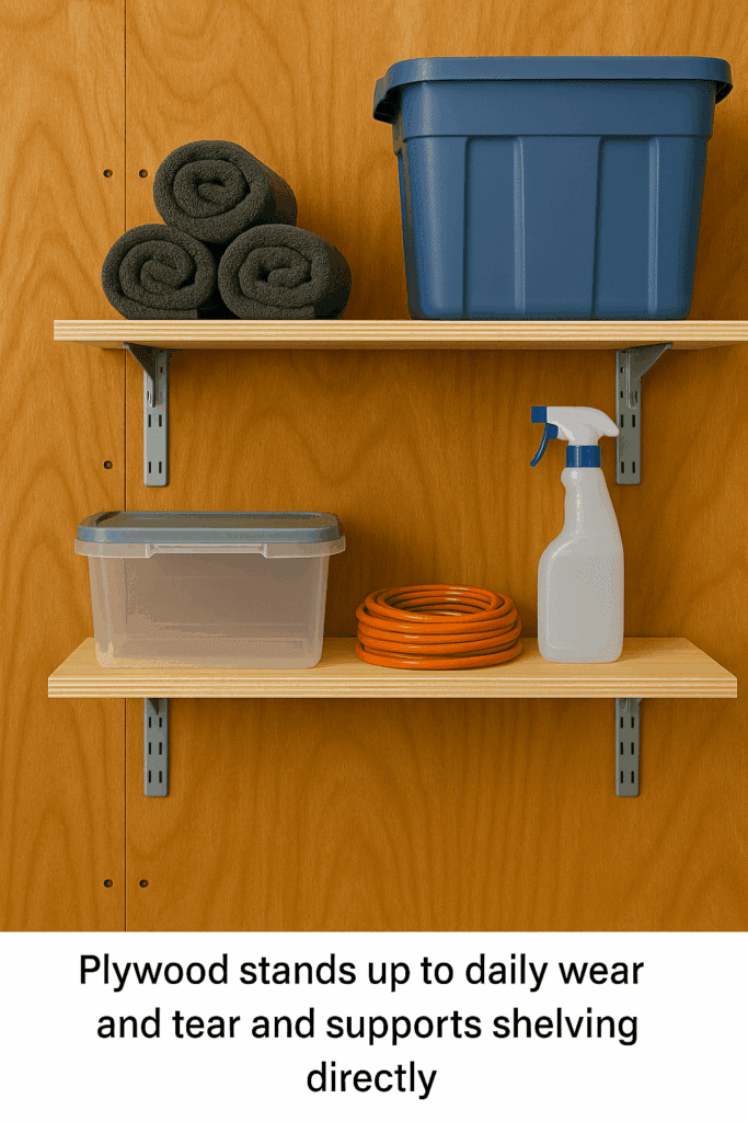 Plywood wall with utility shelves