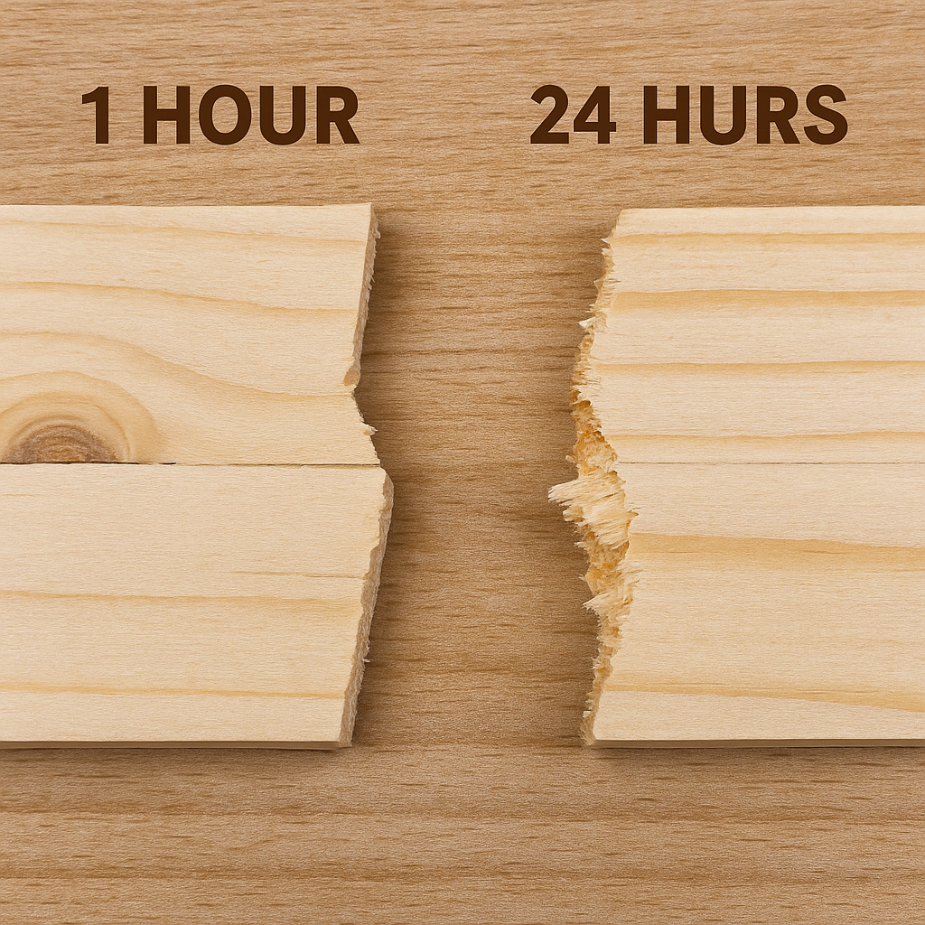 Visual comparison of glue failure during drying vs. full cure strength