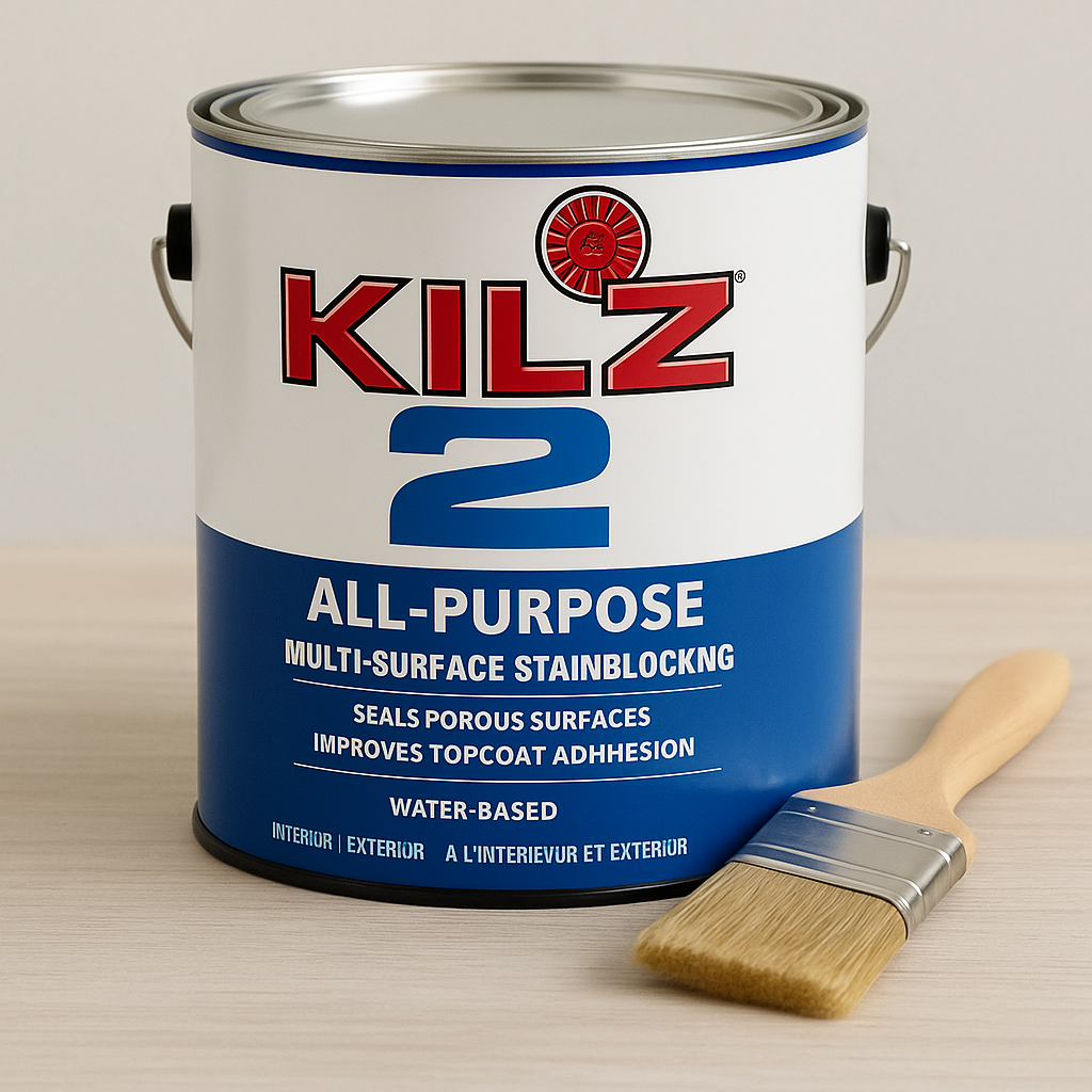 Gallon can of Kilz 2 all-purpose primer with paintbrush on wood surface