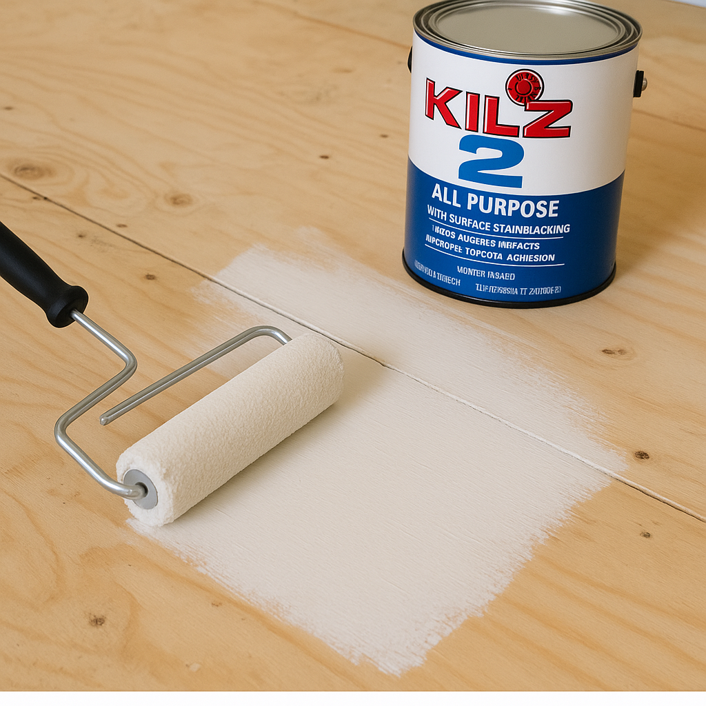 Kilz 2 being rolled onto plywood subfloor