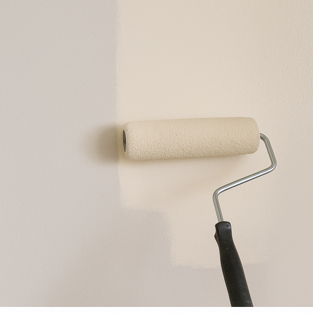 Roller applying topcoat paint over Kilz-primed drywall
